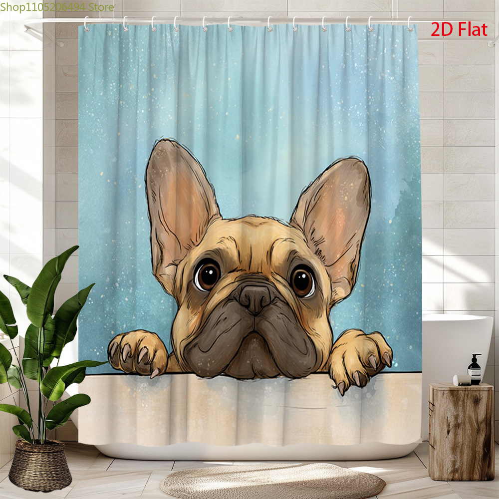 Home Bathroom Design Ideas - Sevimli Fransız Bulldog Duş Perdesi, Sevimli