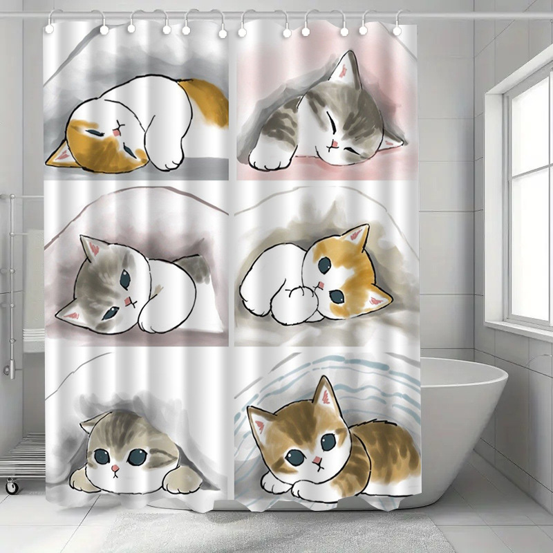 Home Bathroom Design Ideas - Sevimli Uyuyan Kediler Duş Perdesi Suluboya