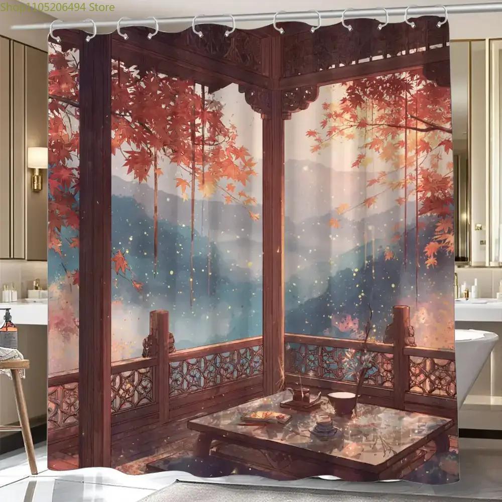 Home Bathroom Design Ideas - Çin Sonbahar Köşkü Duş Perdesi, Geleneksel
