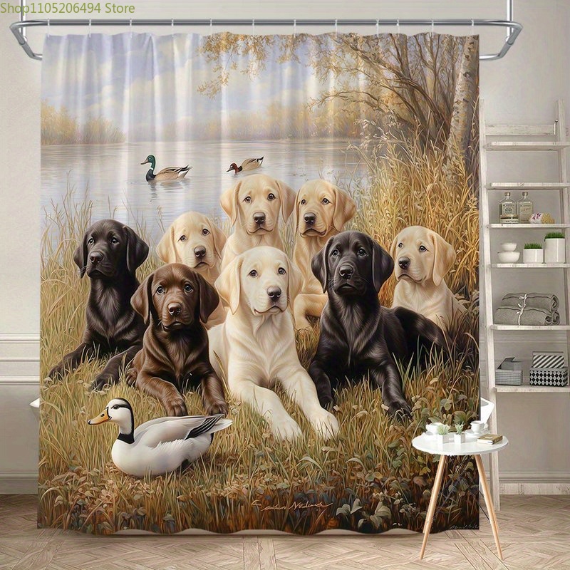 Home Bathroom Design Ideas - Labrador Köpek Ailesi Duş Perdesi, Ördek