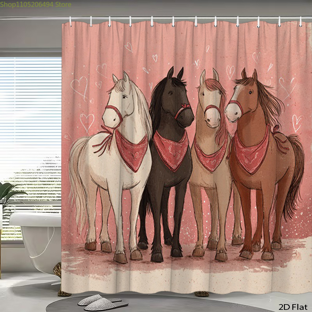 Home Bathroom Design Ideas - Sevimli Atlar Duş Perdesi, Karikatür Hayvan